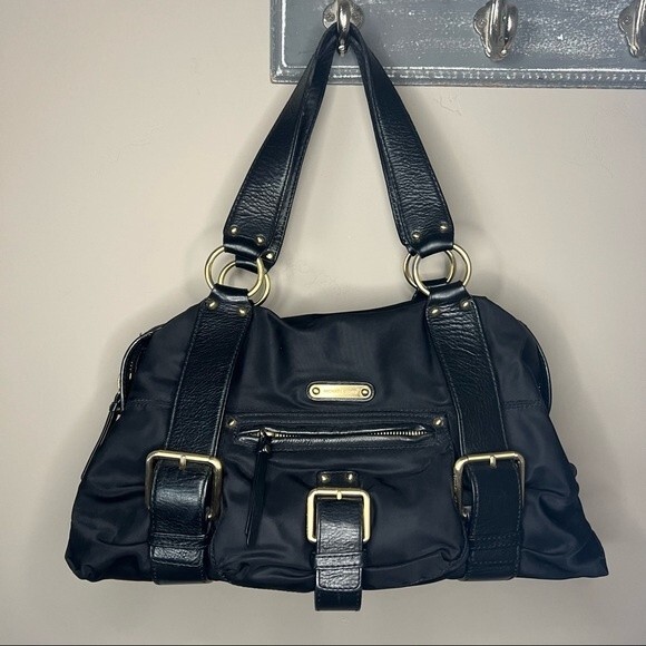 Michael Kors Black Leather & Nylon Shoulder Designer Handbag Purse w/ Dust Bag - Picture 2 of 16